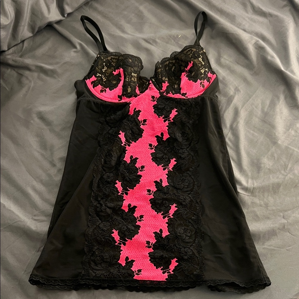 Victoria's Secret Black and Pink Lace Chemise